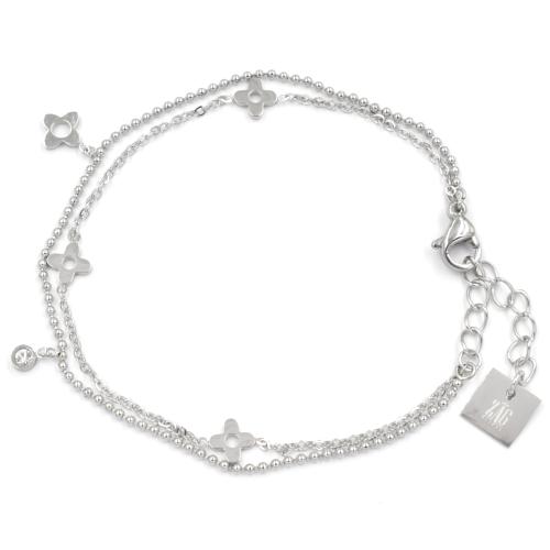 Bracelet ZAG argent 2 rangs chaine perle, Strass et Trfles